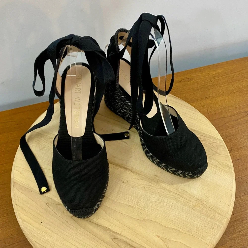 Stuart Weitzman Marguerita Espadrille Wedge Sandals Black Ankle Tie Wrap Sz 8.5C
